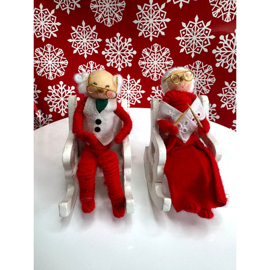 Vintage Mr & Mrs Claus Christmas Figures Red Felt Rocking Chairs 4 Inches