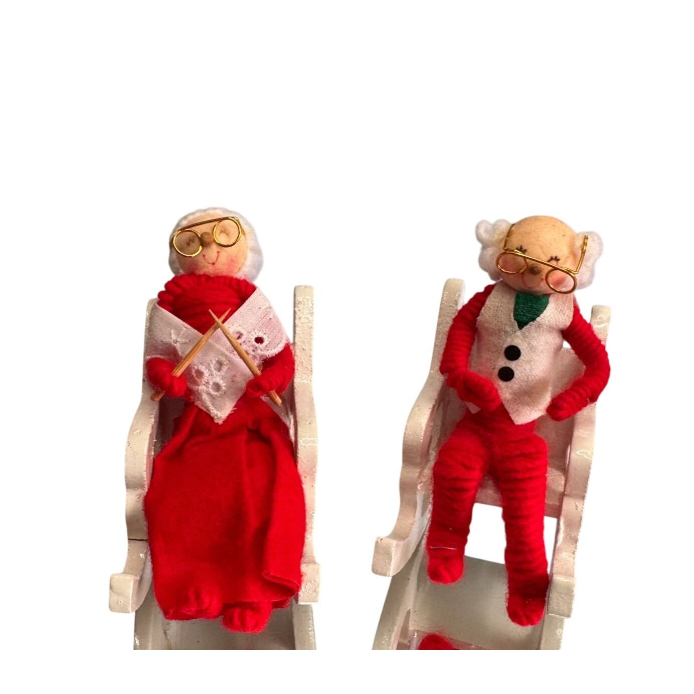 Vintage Mr & Mrs Claus Christmas Figures Red Felt Rocking Chairs 4 Inches