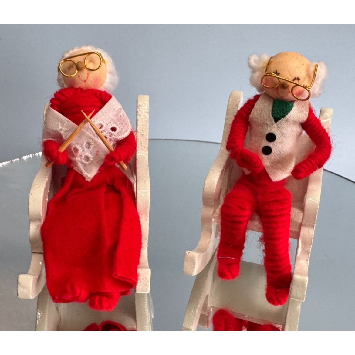 Vintage Mr & Mrs Claus Christmas Figures Red Felt Rocking Chairs 4 Inches
