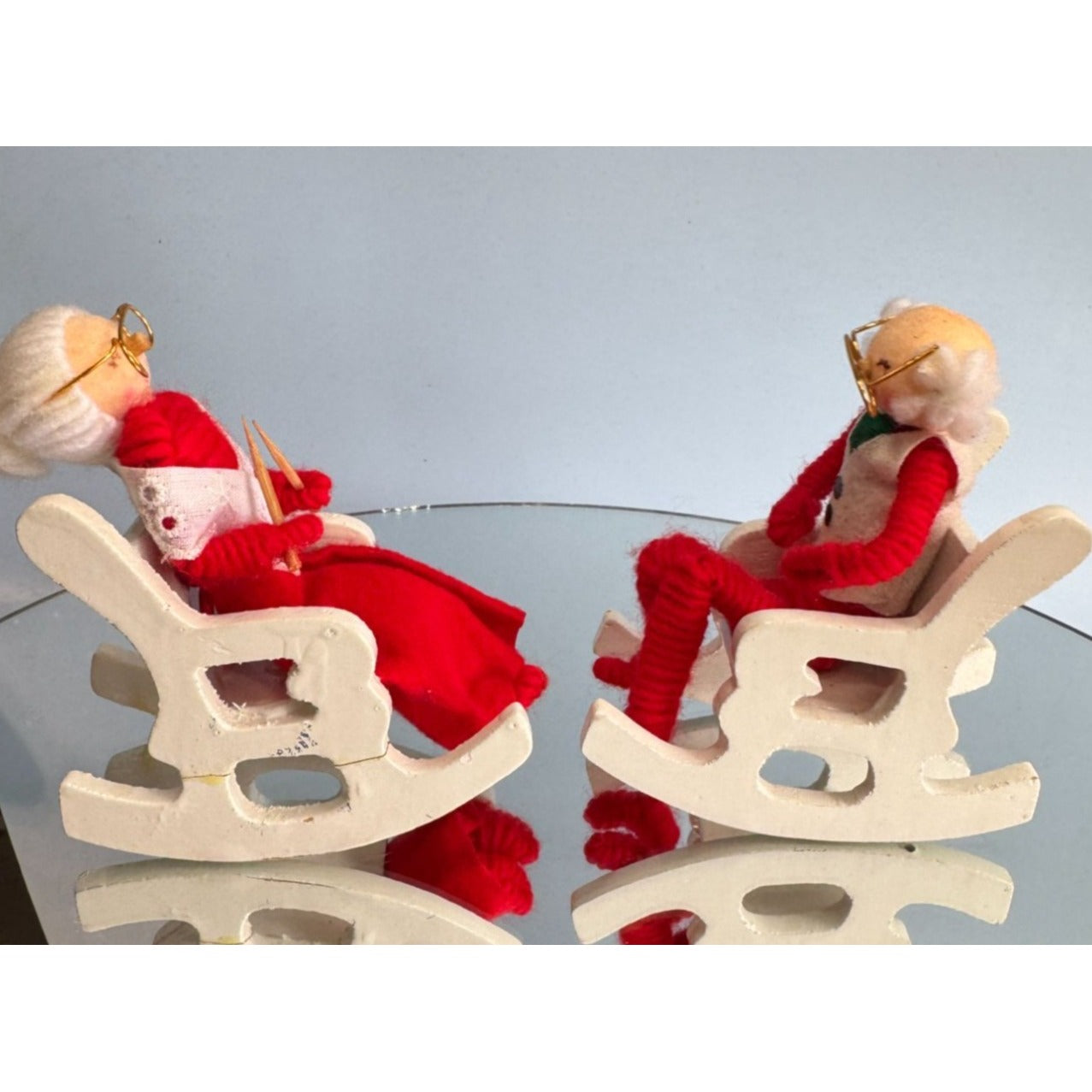 Vintage Mr & Mrs Claus Christmas Figures Red Felt Rocking Chairs 4 Inches