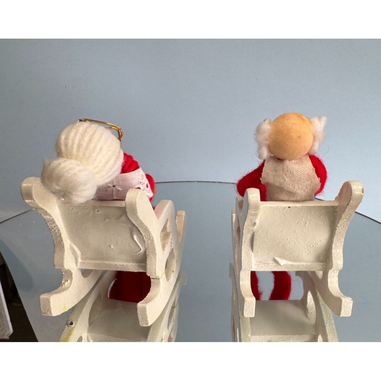 Vintage Mr & Mrs Claus Christmas Figures Red Felt Rocking Chairs 4 Inches