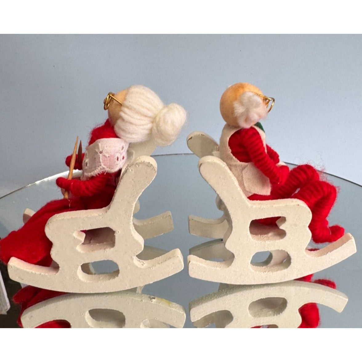 Vintage Mr & Mrs Claus Christmas Figures Red Felt Rocking Chairs 4 Inches