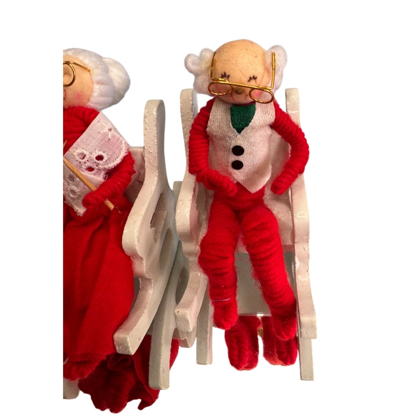 Vintage Mr & Mrs Claus Christmas Figures Red Felt Rocking Chairs 4 Inches