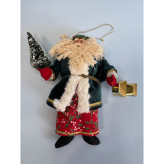 Vintage Old World Santa Claus Ornament With Lantern & Tree 7" Folk Art
