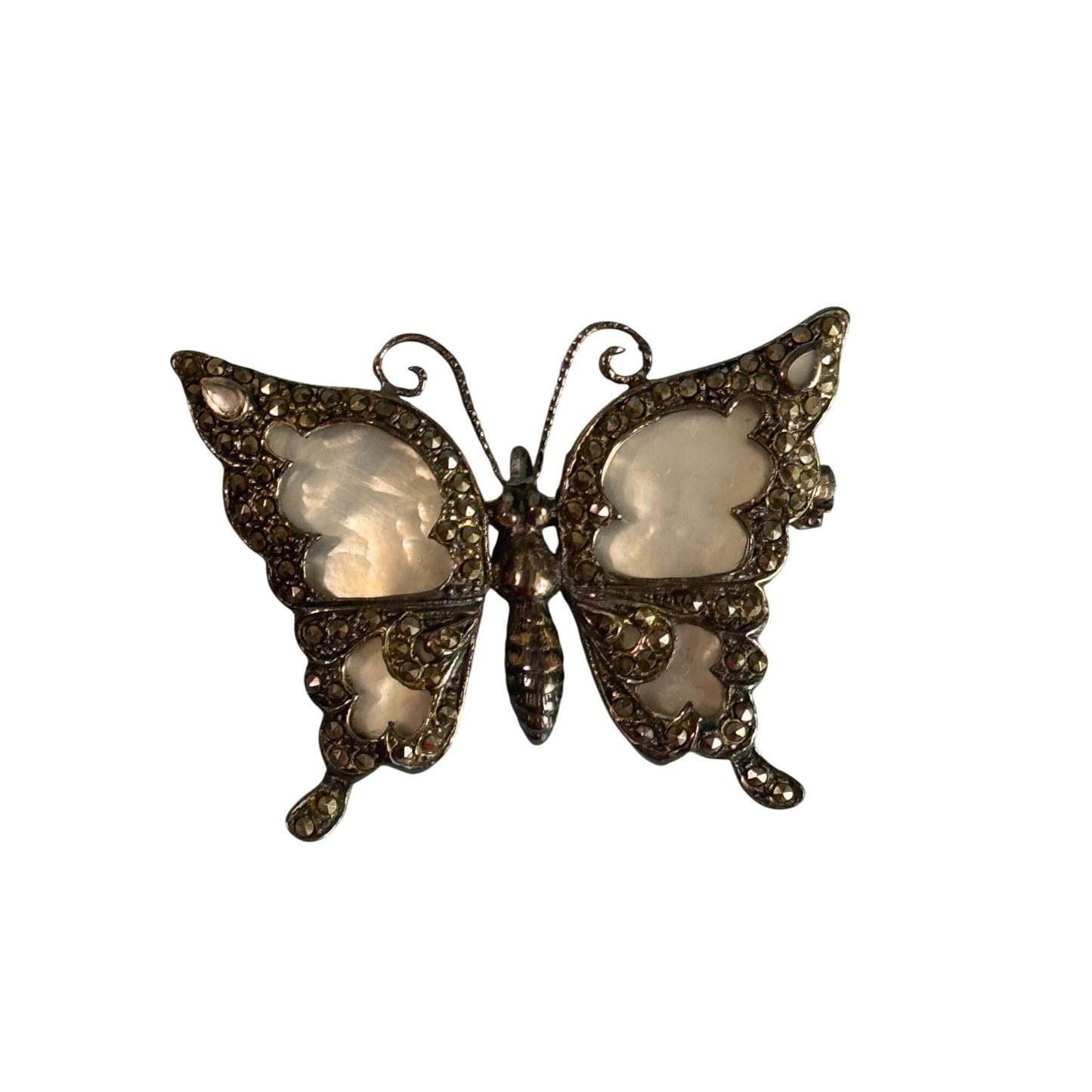Sterling Silver & Marcasite Butterfly Pin Brooch With Mother Of Pearl Wings Signed