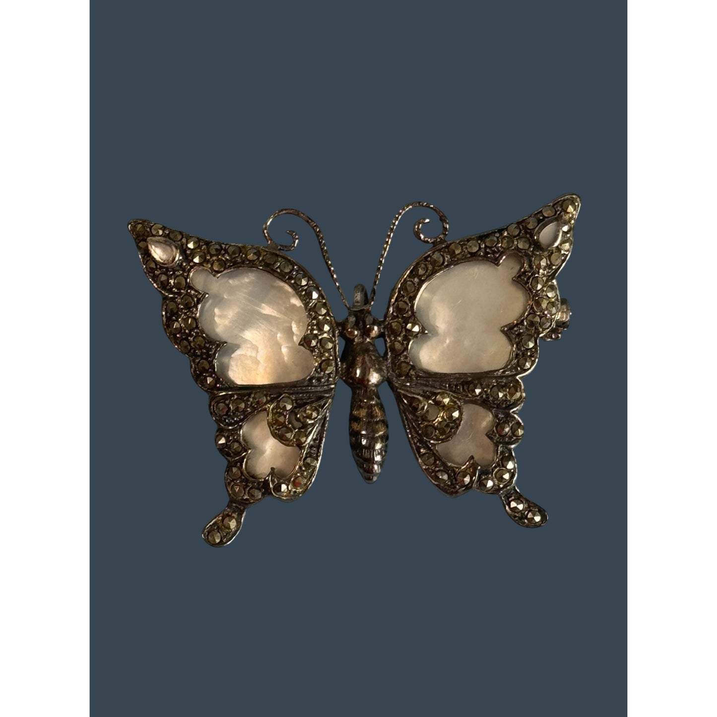 Sterling Silver & Marcasite Butterfly Pin Brooch With Mother Of Pearl Wings Signed