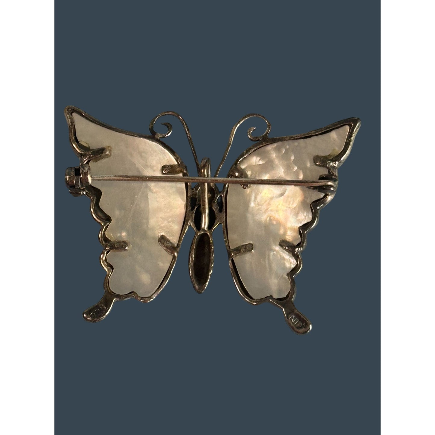 Sterling Silver & Marcasite Butterfly Pin Brooch With Mother Of Pearl Wings Signed