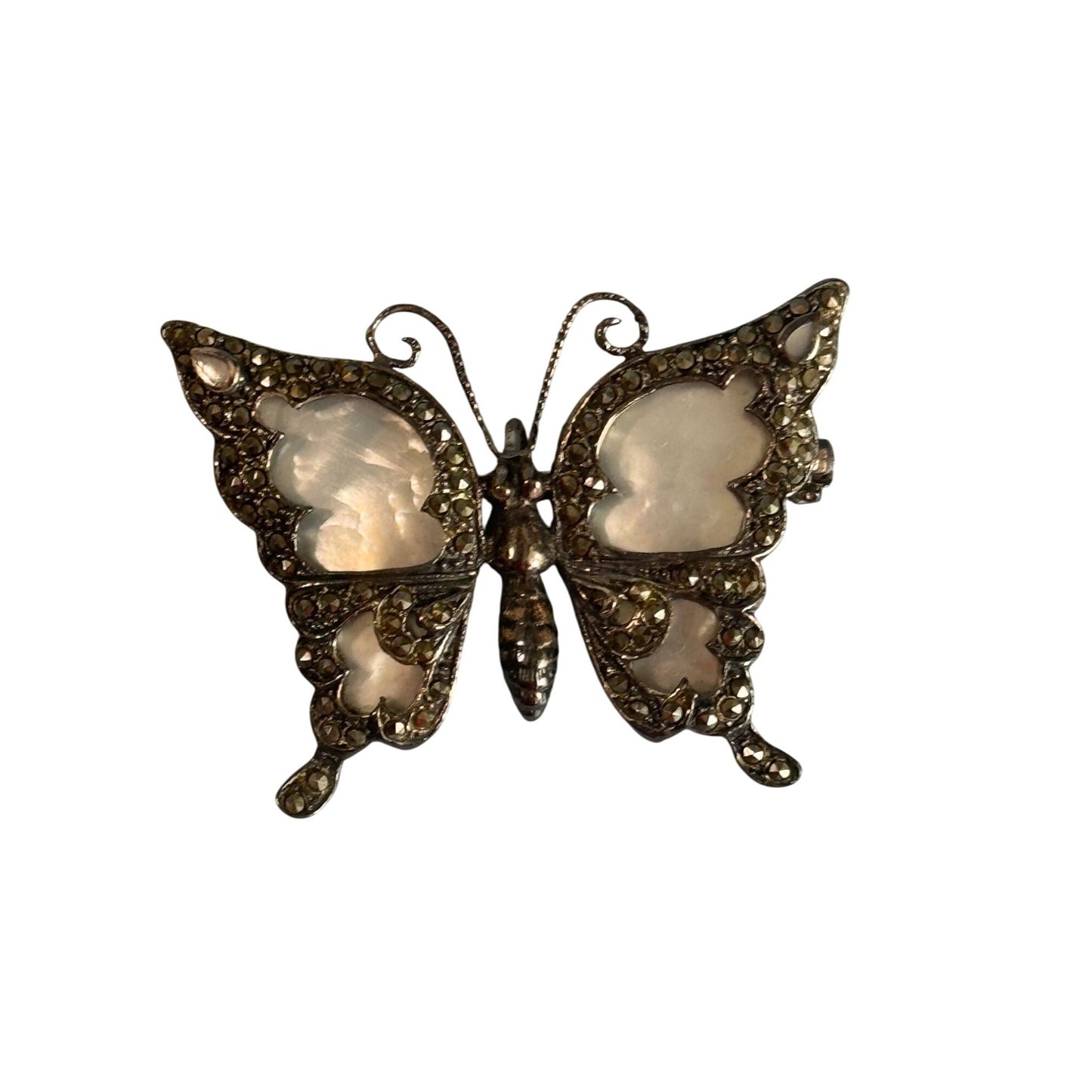 Sterling Silver & Marcasite Butterfly Pin Brooch With Mother Of Pearl Wings Signed