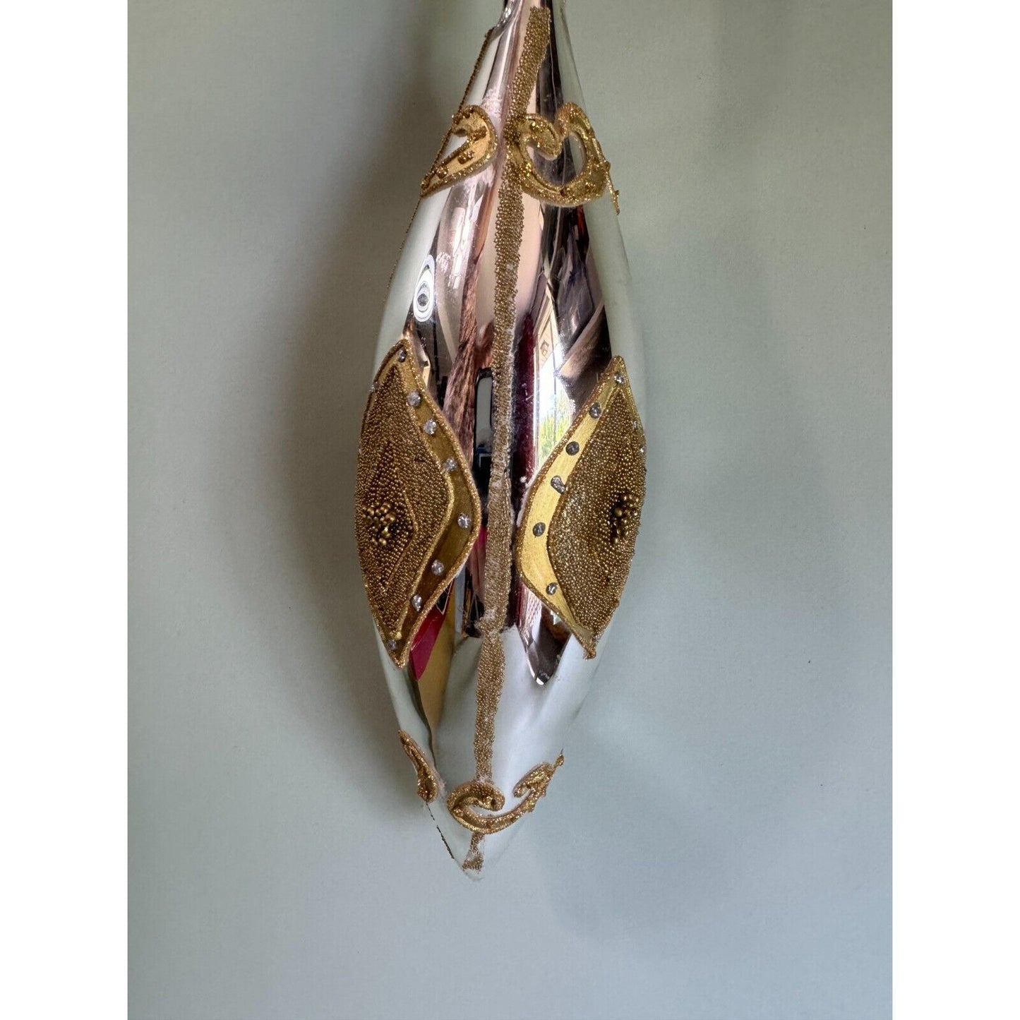 Large Blown Glass Silver Teardrop Ornament With Gold Glass Beading Accents 8 1/2