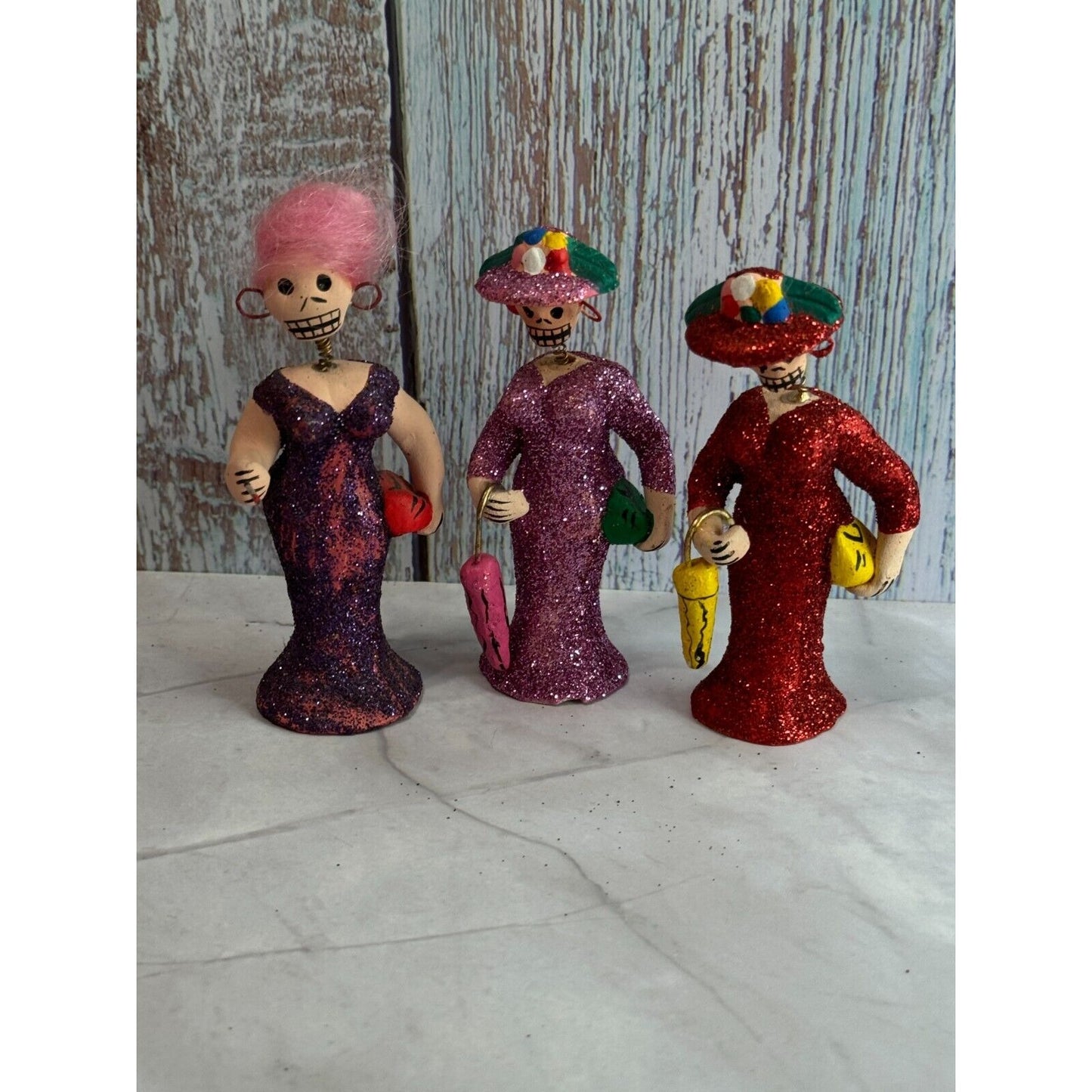 3 Glittered Catrina Frida Kahlo Day of the Dead Mexico Skeleton Busty Figures SM