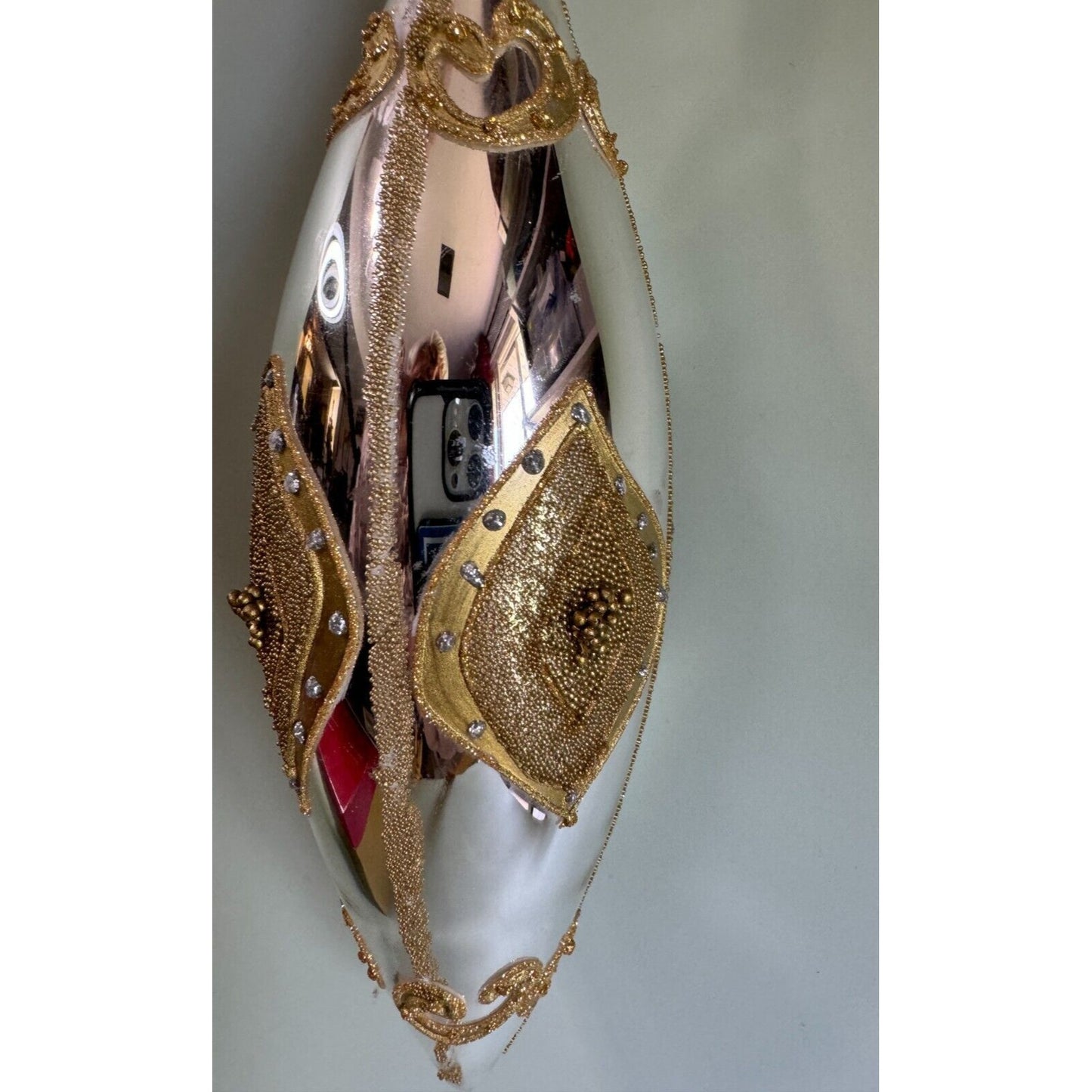 Large Blown Glass Silver Teardrop Ornament With Gold Glass Beading Accents 8 1/2