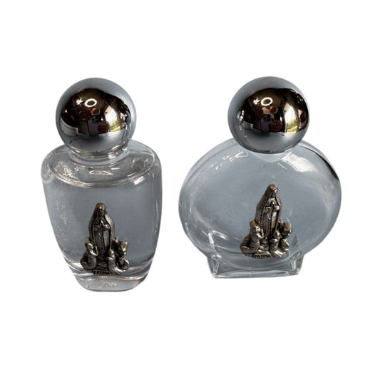 Our Lady Of Fatima Religious Glass Bottles Silver Tone Medallions Decorative Pair