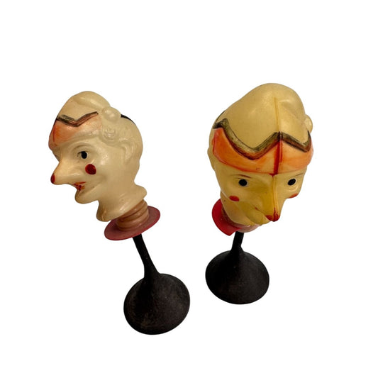 Rare 1920s Celluloid Clown Bobblehead Pair Circus Toy Nodder Yellow/Beige 5 Inch