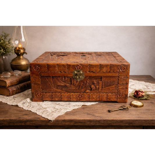 Vintage Camphor Wood Asian Village Scene Tribal Folk Art Storage Box 12"