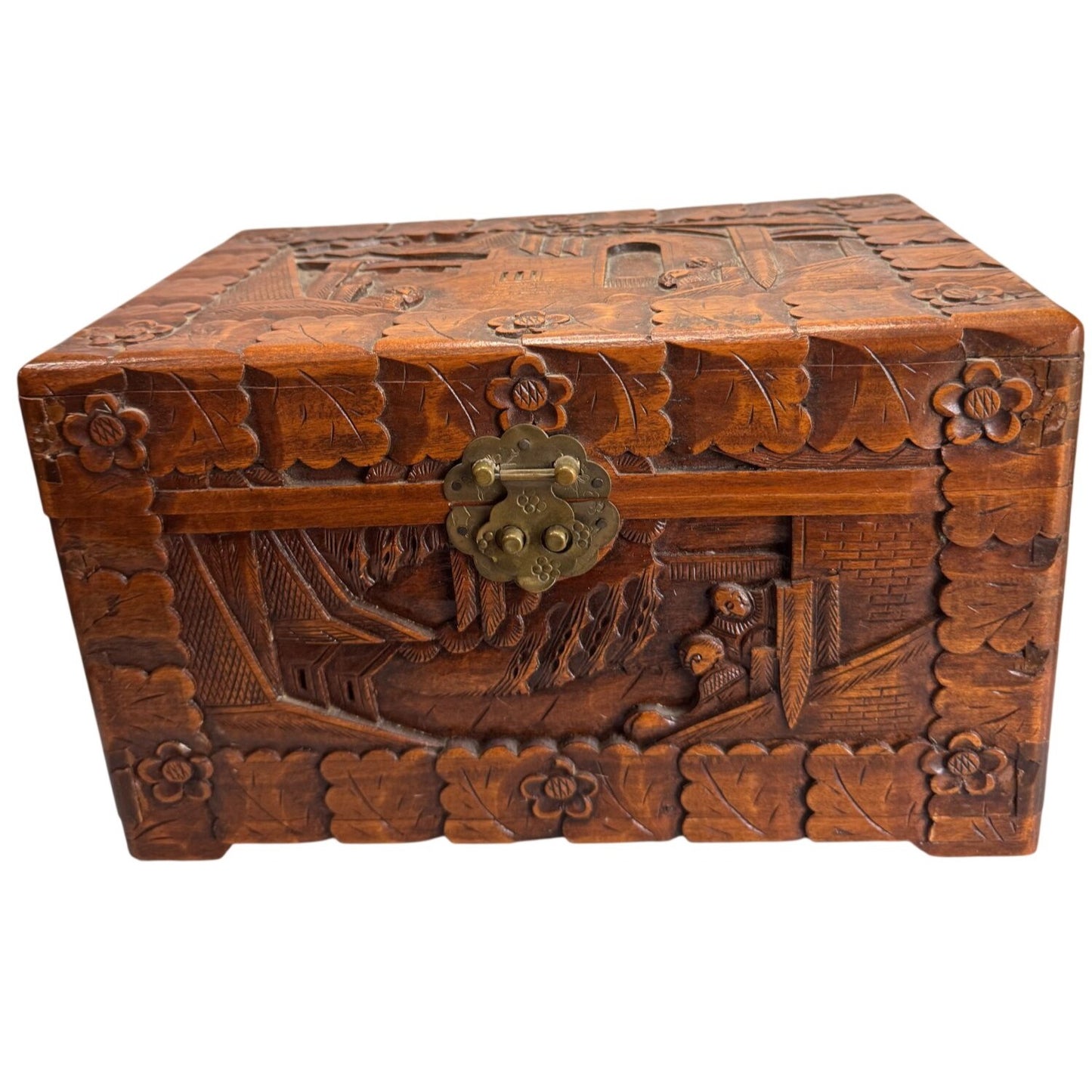 Vintage Camphor Wood Asian Village Scene Tribal Folk Art Storage Box 12"
