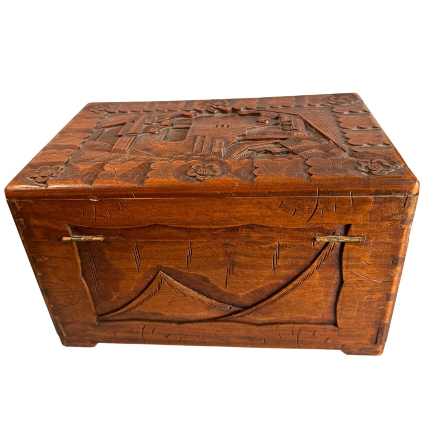 Vintage Camphor Wood Asian Village Scene Tribal Folk Art Storage Box 12"