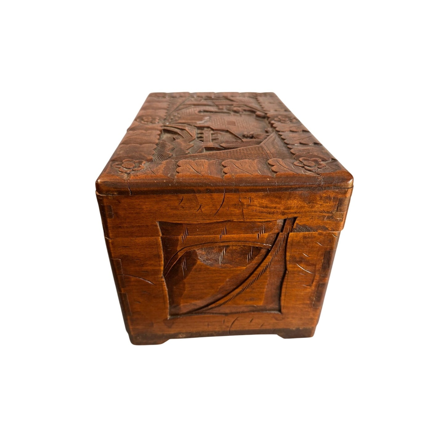 Vintage Camphor Wood Asian Village Scene Tribal Folk Art Storage Box 12"