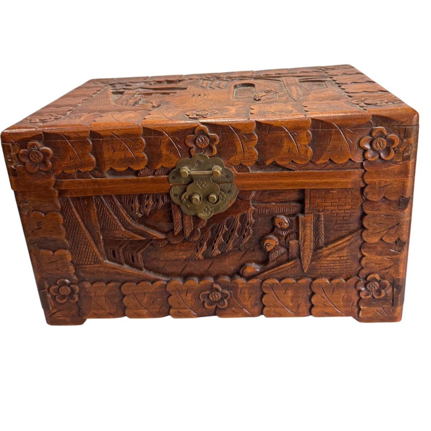 Vintage Camphor Wood Asian Village Scene Tribal Folk Art Storage Box 12"