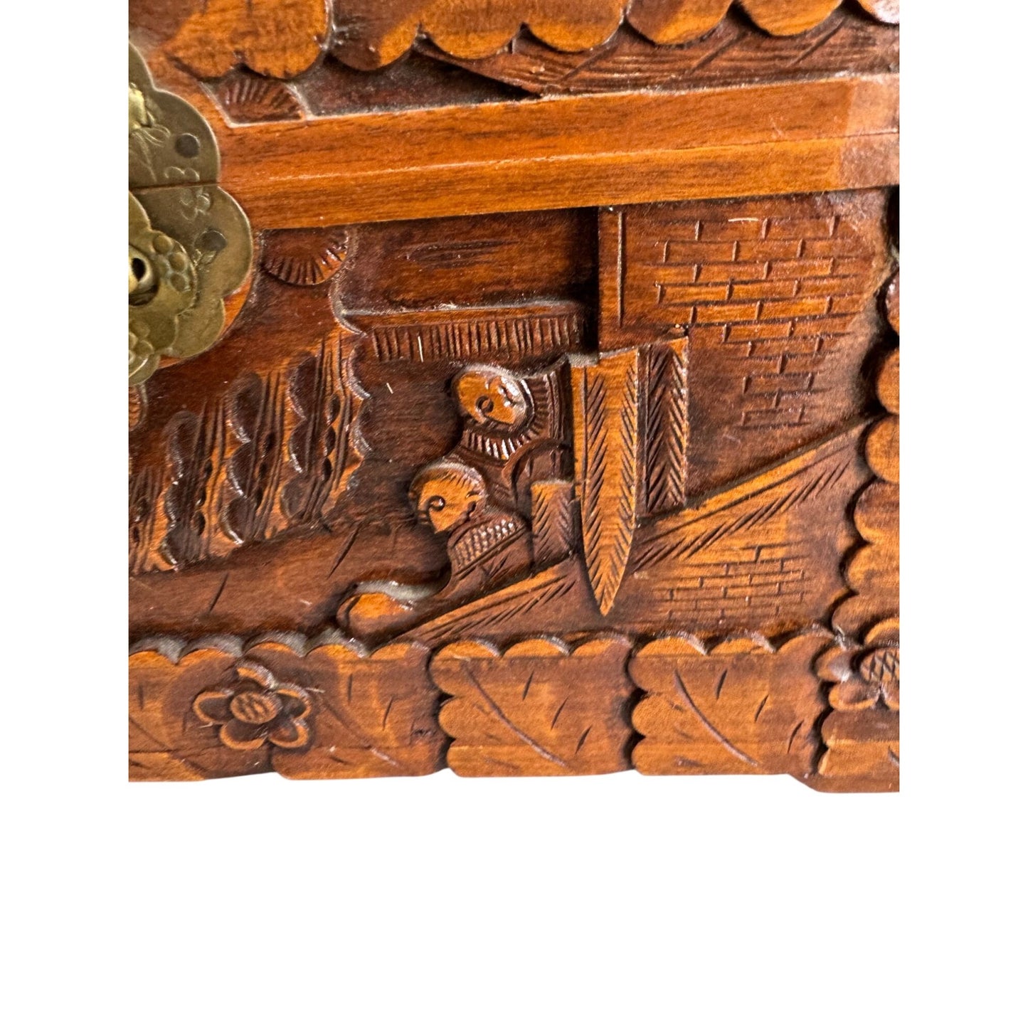 Vintage Camphor Wood Asian Village Scene Tribal Folk Art Storage Box 12"
