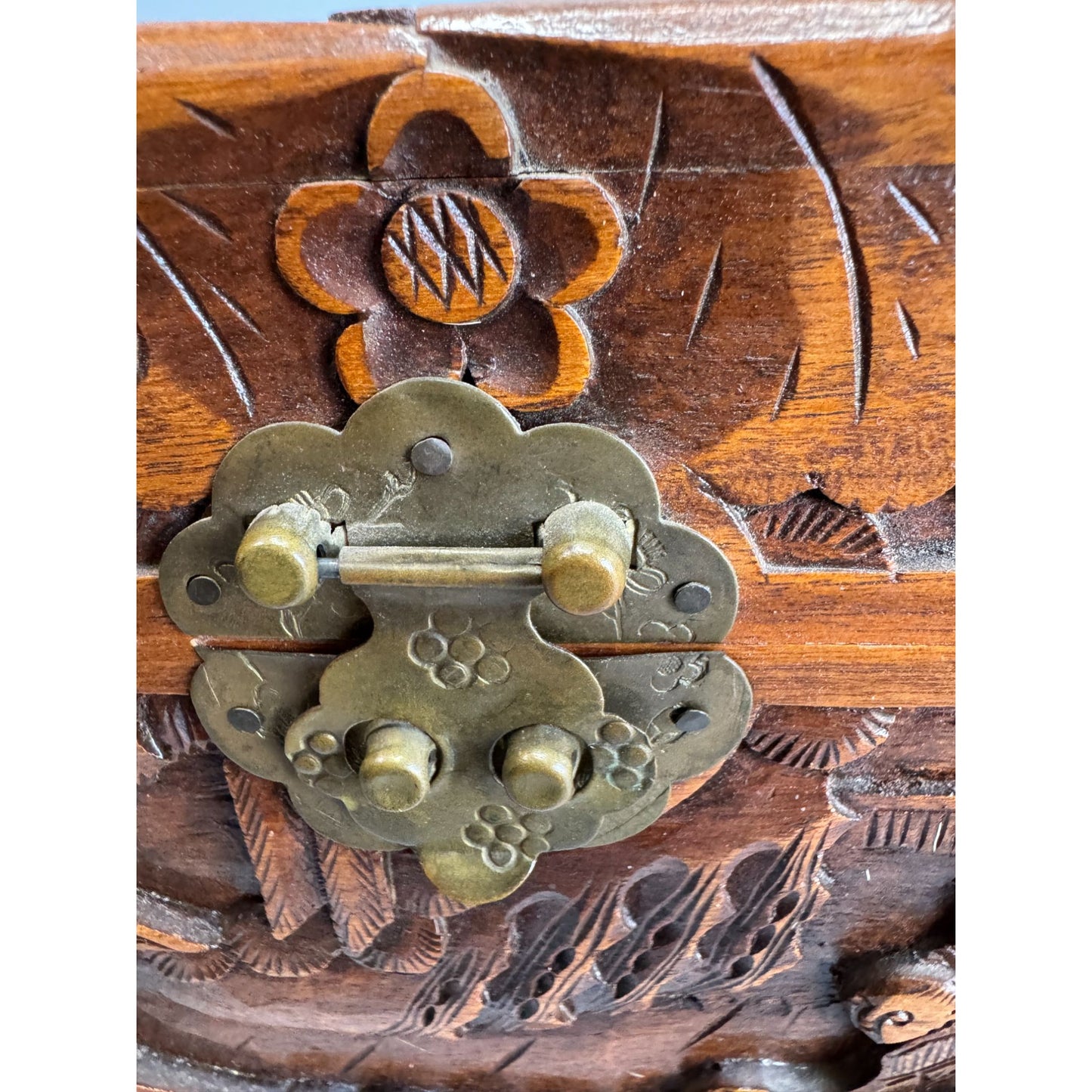 Vintage Camphor Wood Asian Village Scene Tribal Folk Art Storage Box 12"