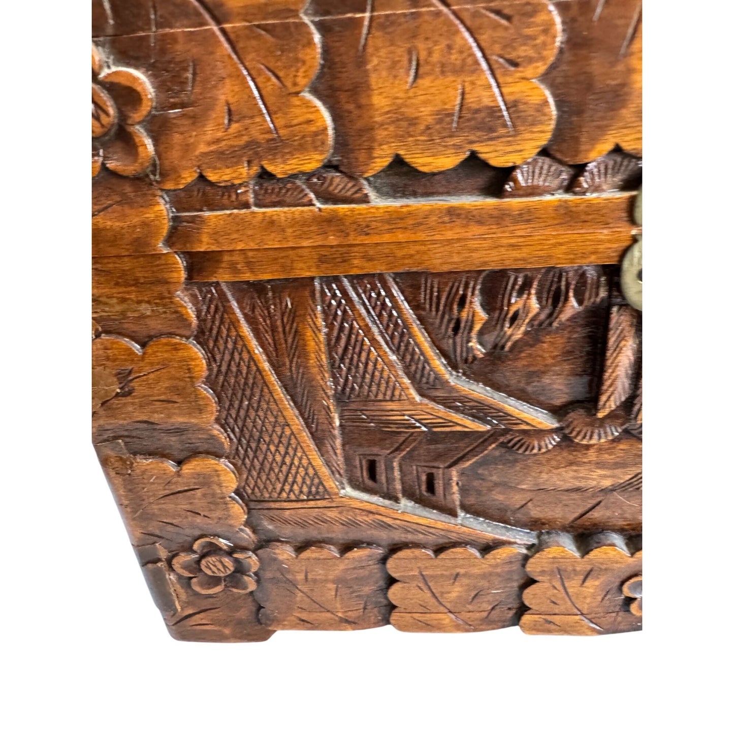 Vintage Camphor Wood Asian Village Scene Tribal Folk Art Storage Box 12"