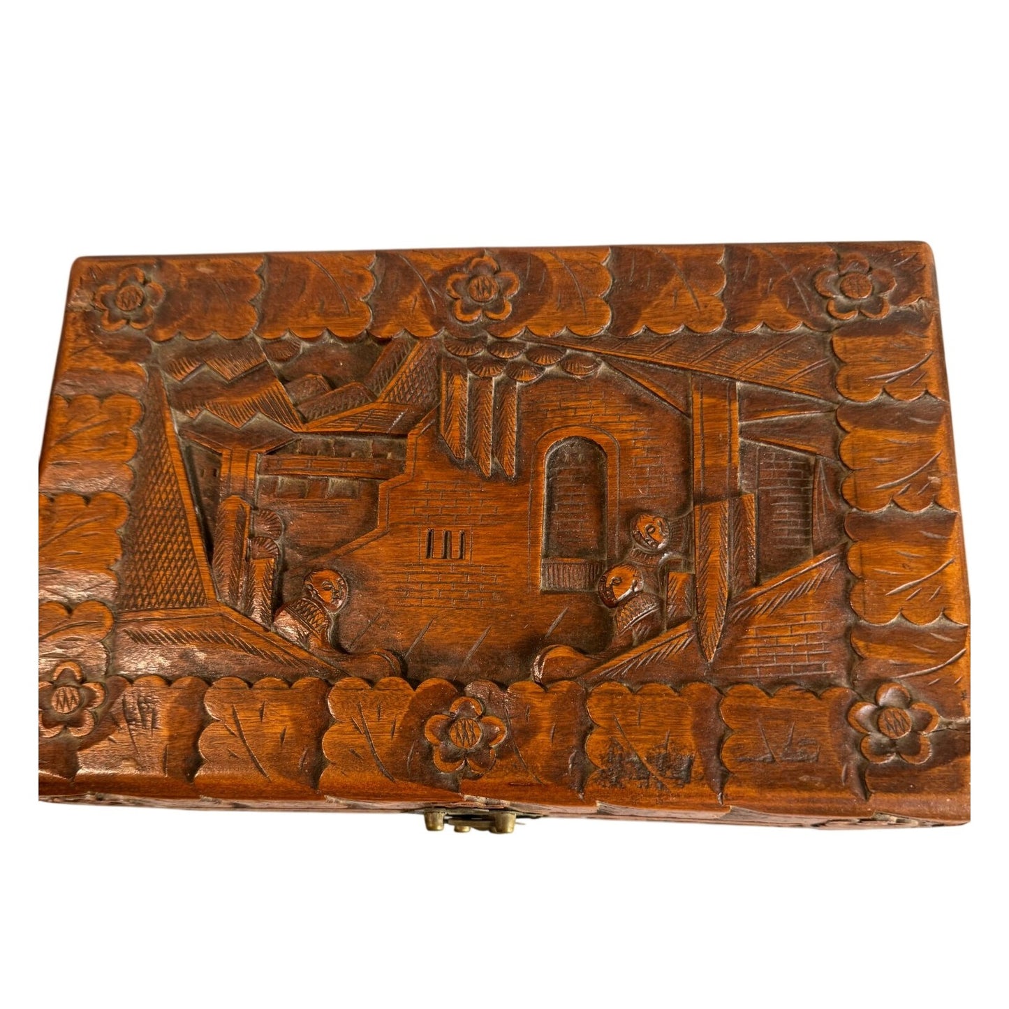 Vintage Camphor Wood Asian Village Scene Tribal Folk Art Storage Box 12"