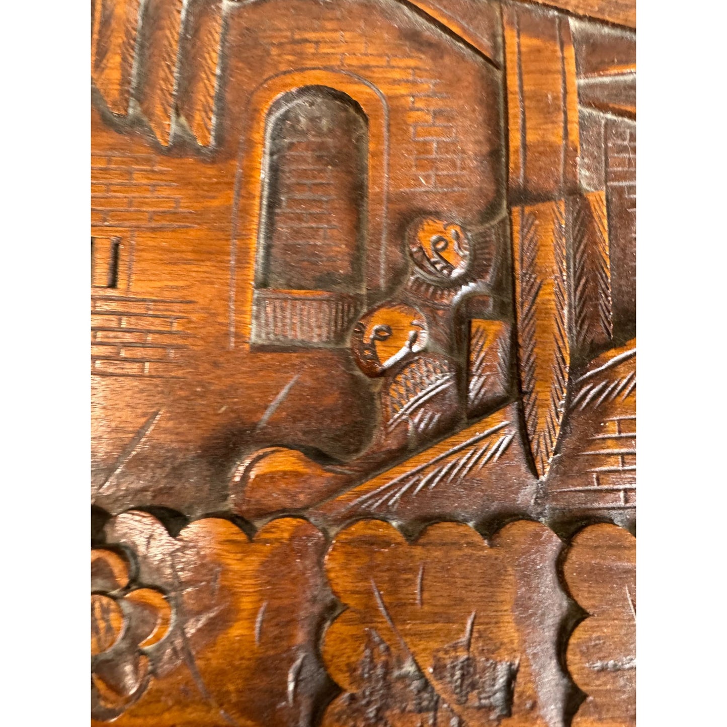 Vintage Camphor Wood Asian Village Scene Tribal Folk Art Storage Box 12"