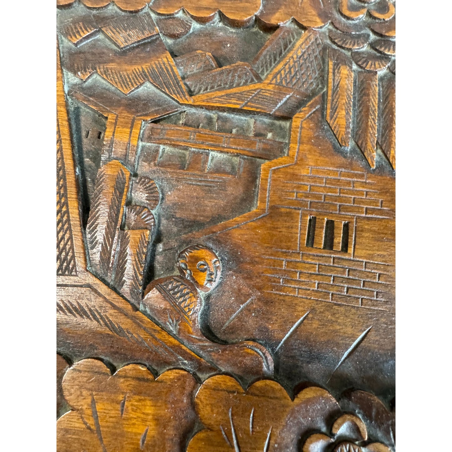 Vintage Camphor Wood Asian Village Scene Tribal Folk Art Storage Box 12"