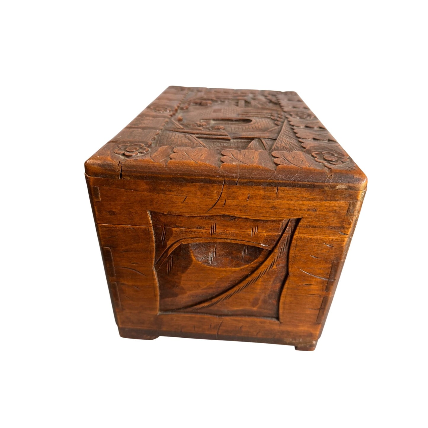 Vintage Camphor Wood Asian Village Scene Tribal Folk Art Storage Box 12"