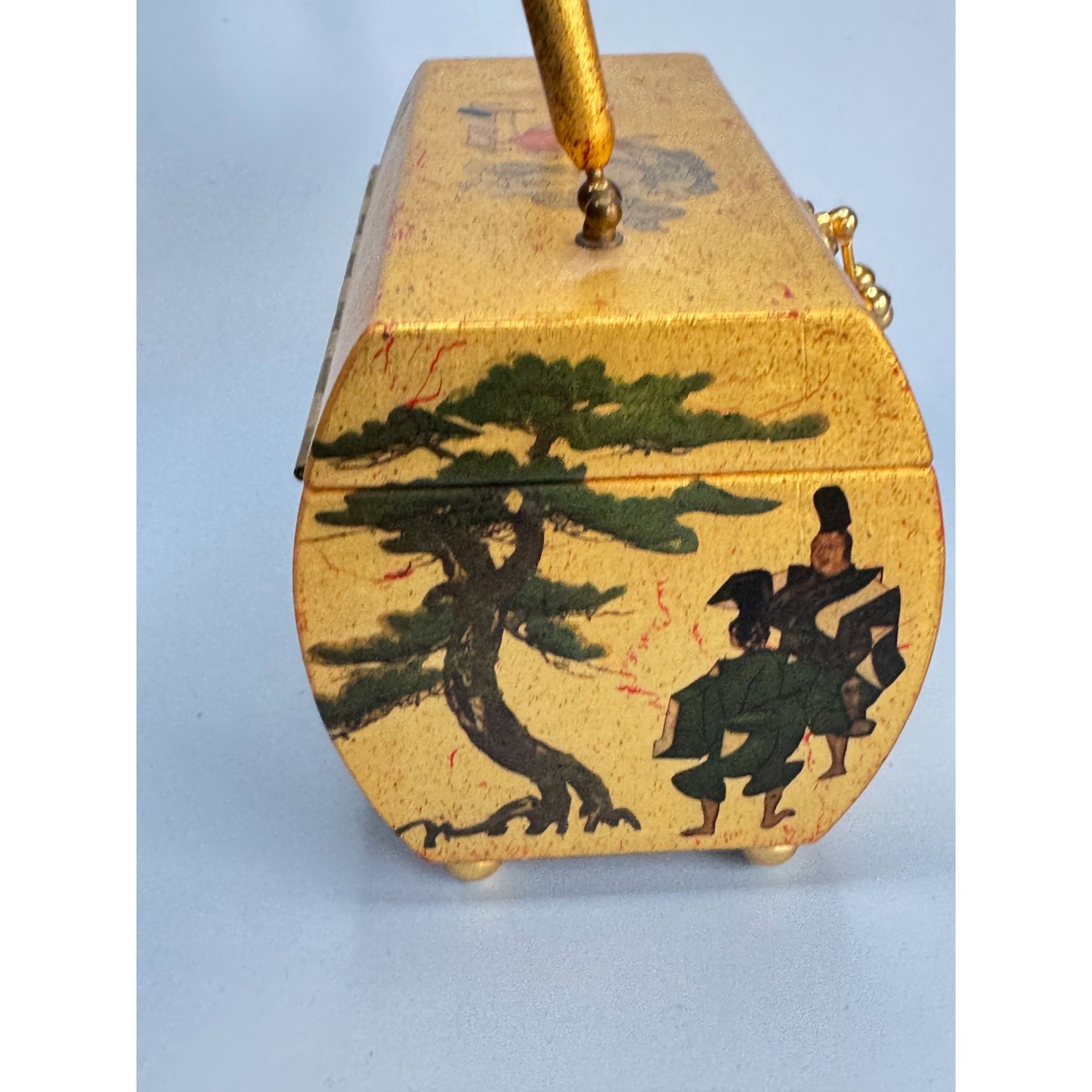 Vintage Handcrafted Asian-Inspired Bamboo Handle Box Purse Carolyn Dauner 1975 With Red Velvet Interior & Mirror