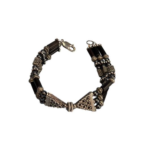 Sterling Silver & Hematite Beaded Bracelet 7" Long 3/4" Wide Triangular Accents