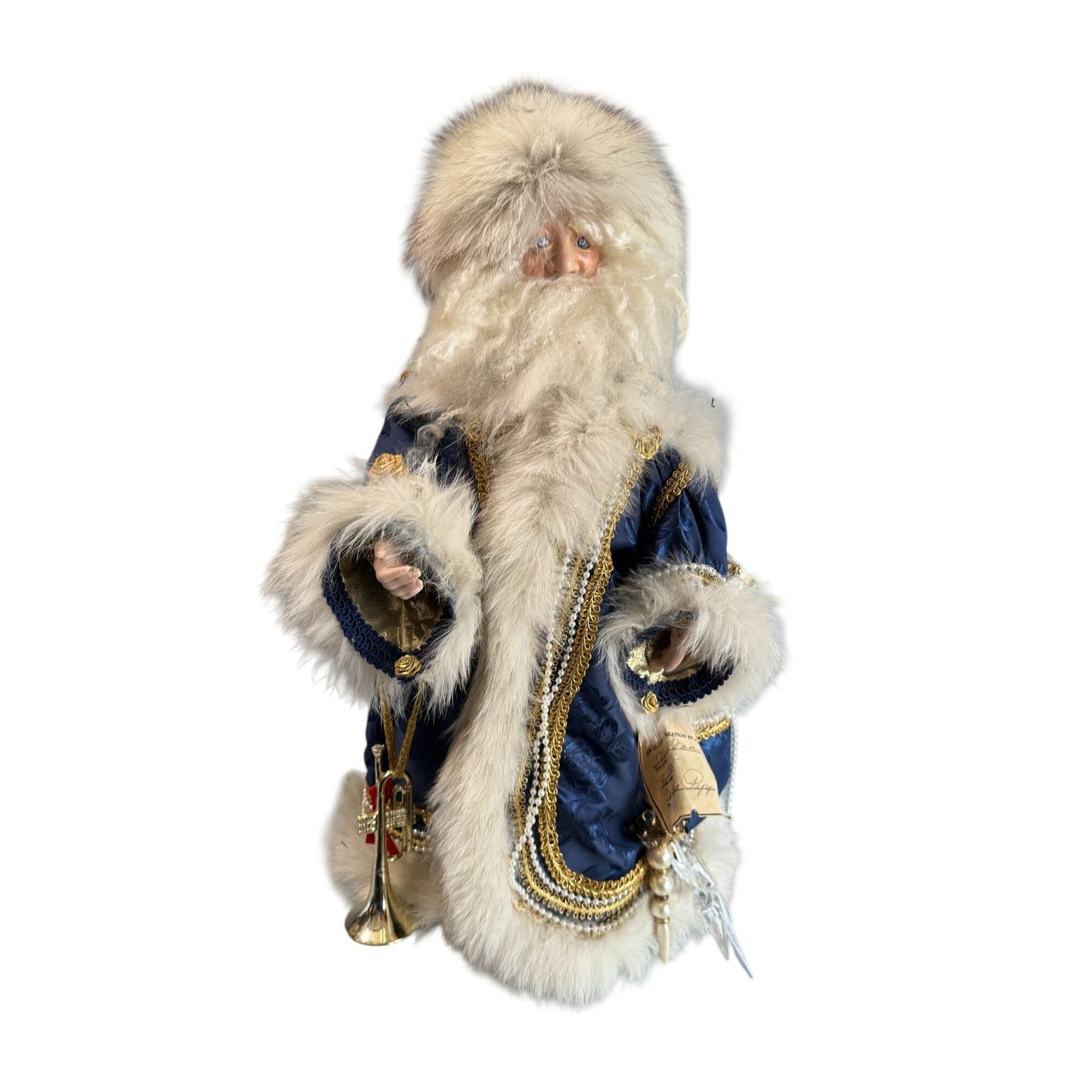 Martha Pippen Star Man Poland Santa Figure 1995 Blue Fur Trim Wood Base 20"
