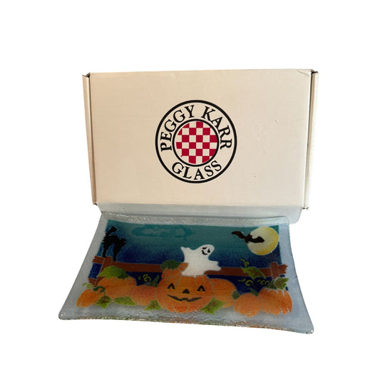 Peggy Karr Halloween Fused Glass Plate Ghost & Pumpkins 10" x 6" Rectangular