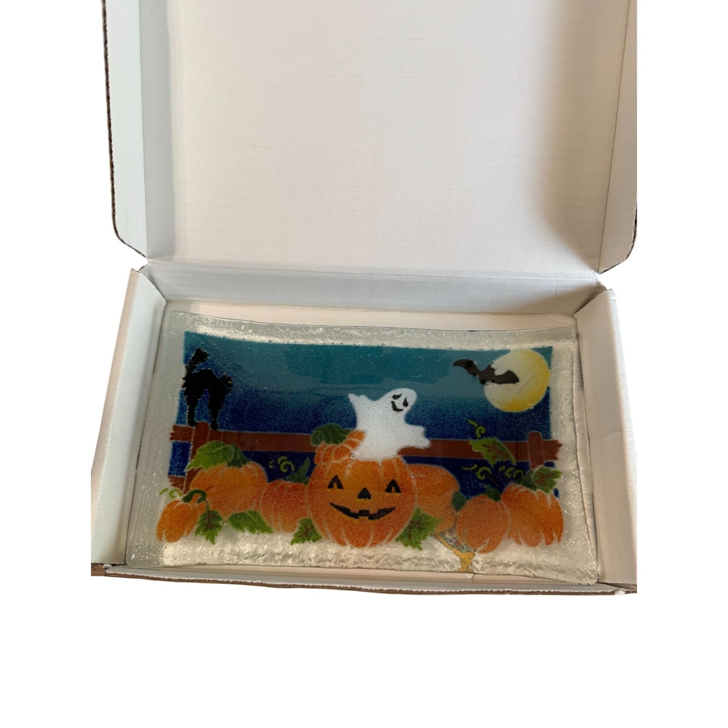 Peggy Karr Halloween Fused Glass Plate Ghost & Pumpkins 10" x 6" Rectangular