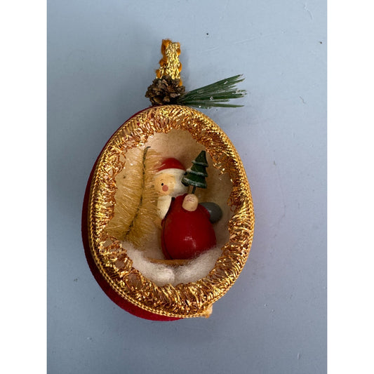 Handcrafted Vintage Red Velvet & Gold Trim Christmas Ornament Diorama  With Santa Skier & Mini Tree Scene - 2.5"