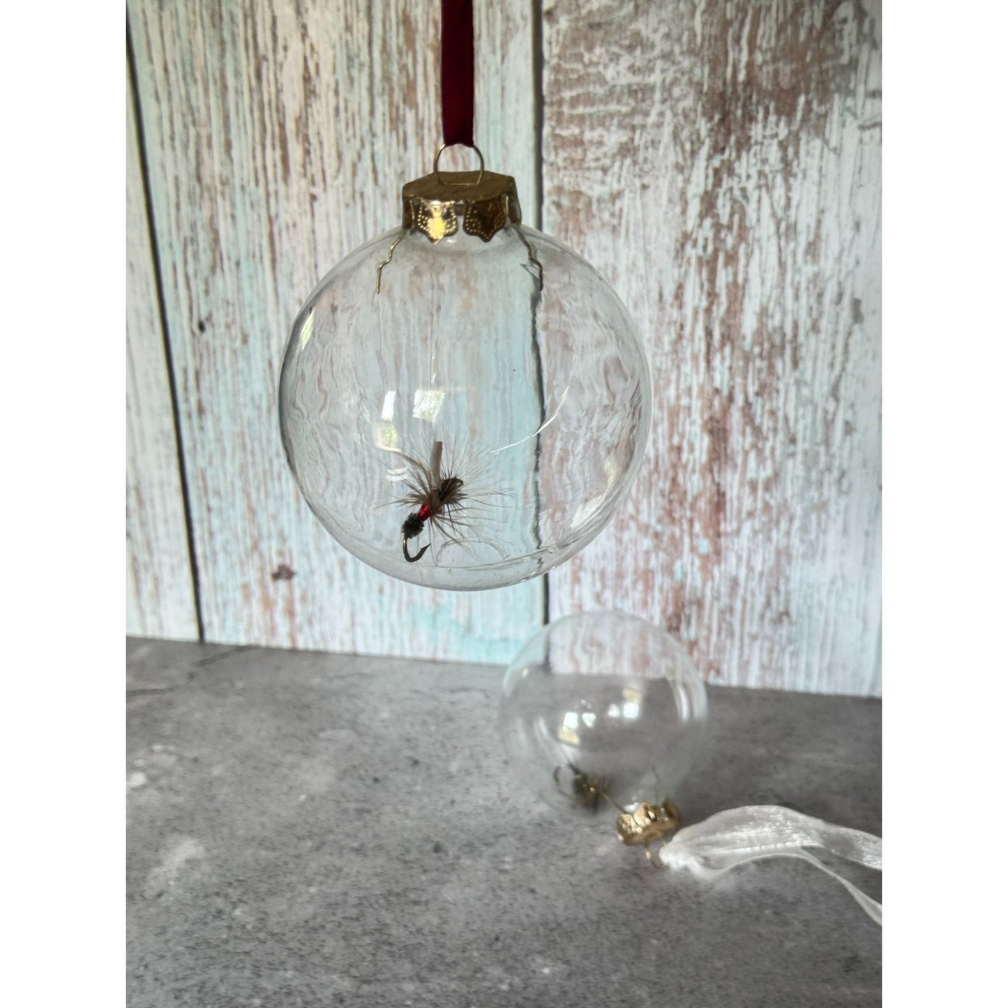 Glass Fishing Lure Ornaments With Wicker Basket - Set Of 2 2 3/4" & 3 1/4"