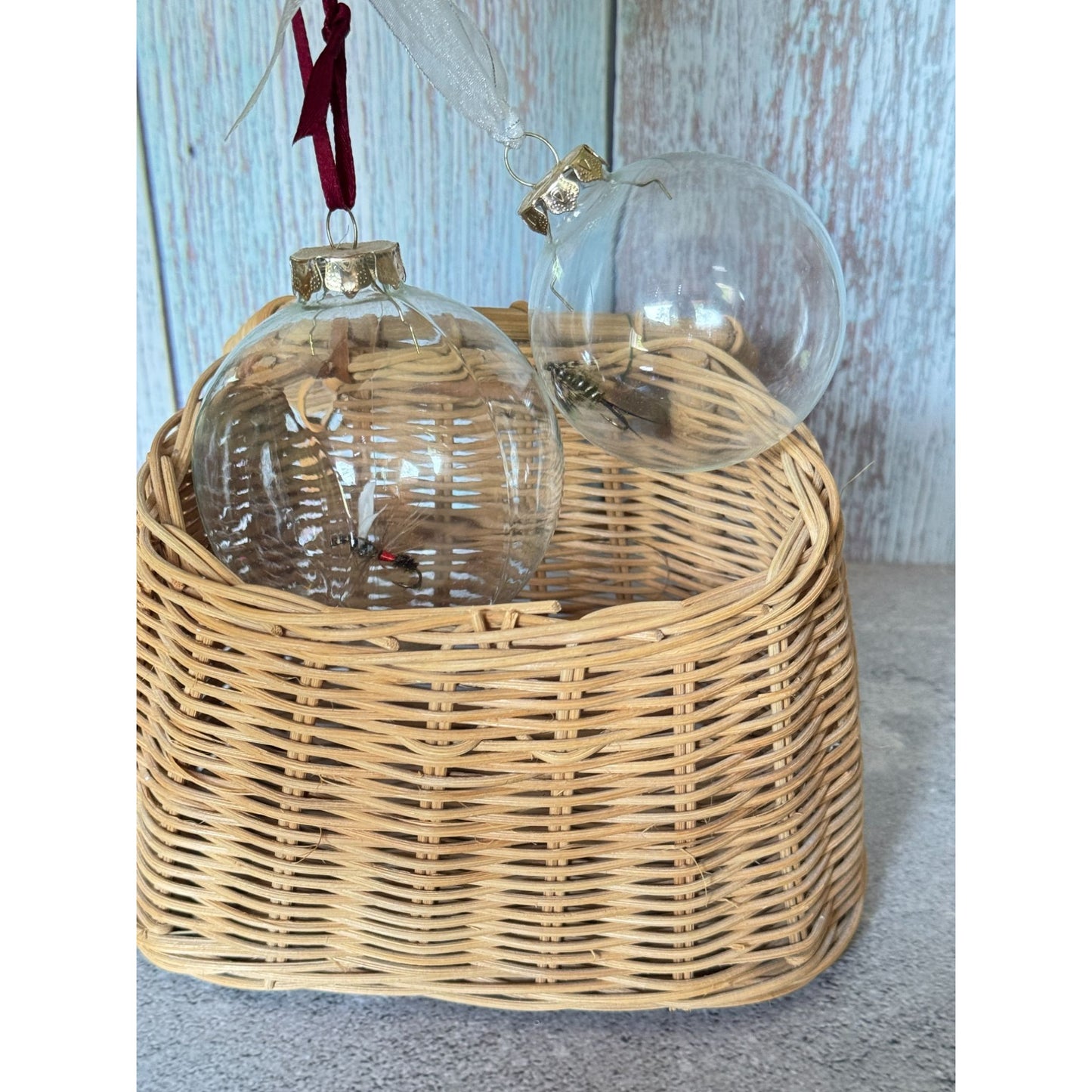 Glass Fishing Lure Ornaments With Wicker Basket - Set Of 2 2 3/4" & 3 1/4"