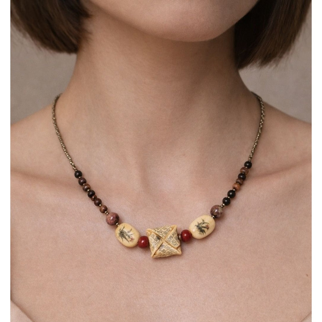 Artisan Necklace Bamboo Beads Cream Tone Carved Floral Focal 16 Inches