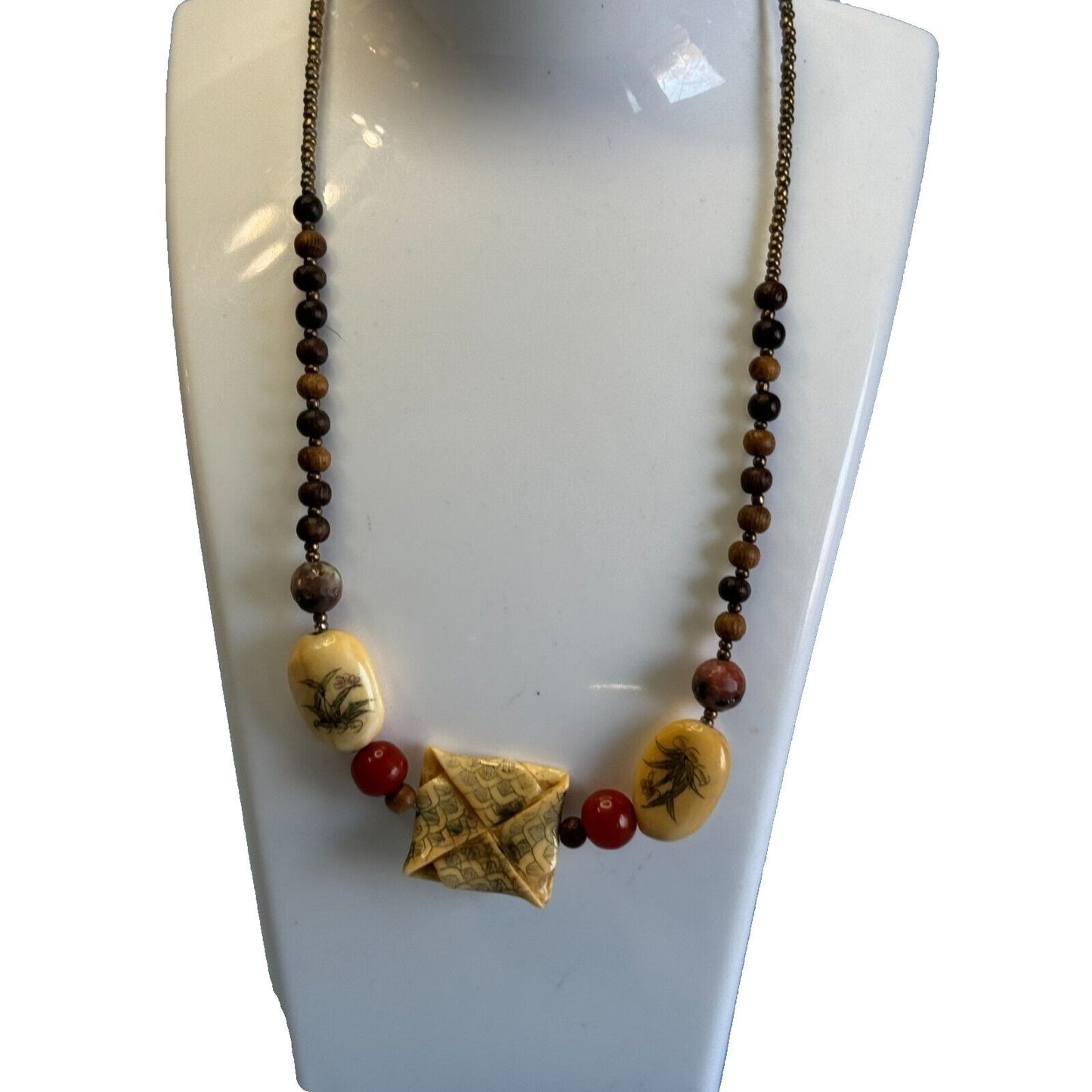 Artisan Necklace Bamboo Beads Cream Tone Carved Floral Focal 16 Inches