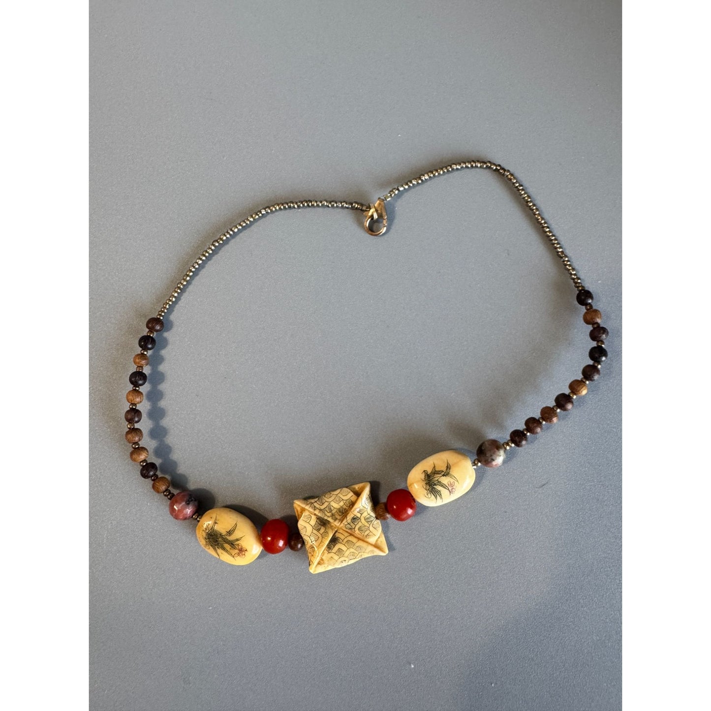 Artisan Necklace Bamboo Beads Cream Tone Carved Floral Focal 16 Inches