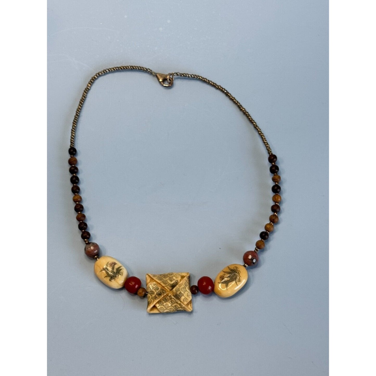 Artisan Necklace Bamboo Beads Cream Tone Carved Floral Focal 16 Inches