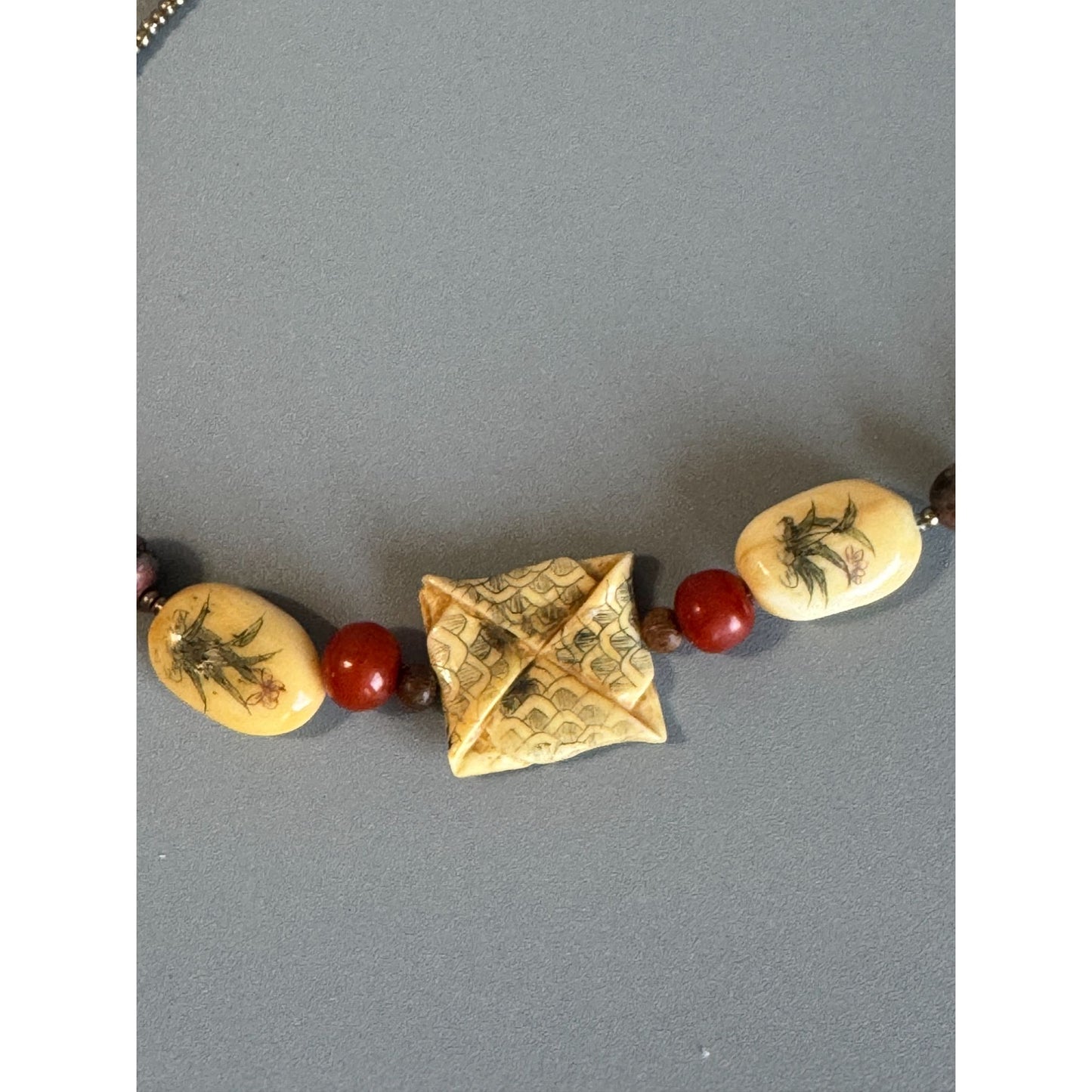 Artisan Necklace Bamboo Beads Cream Tone Carved Floral Focal 16 Inches