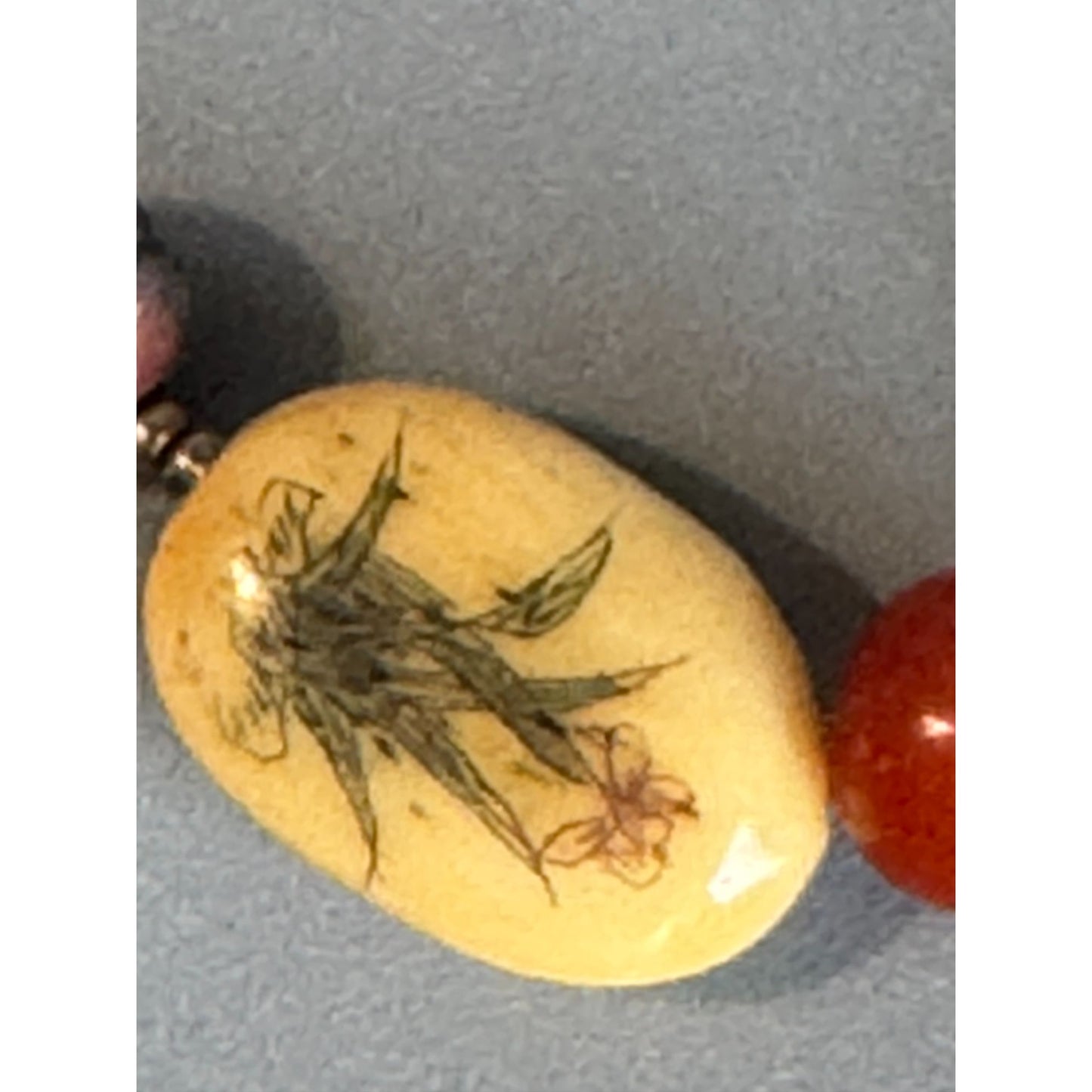 Artisan Necklace Bamboo Beads Cream Tone Carved Floral Focal 16 Inches