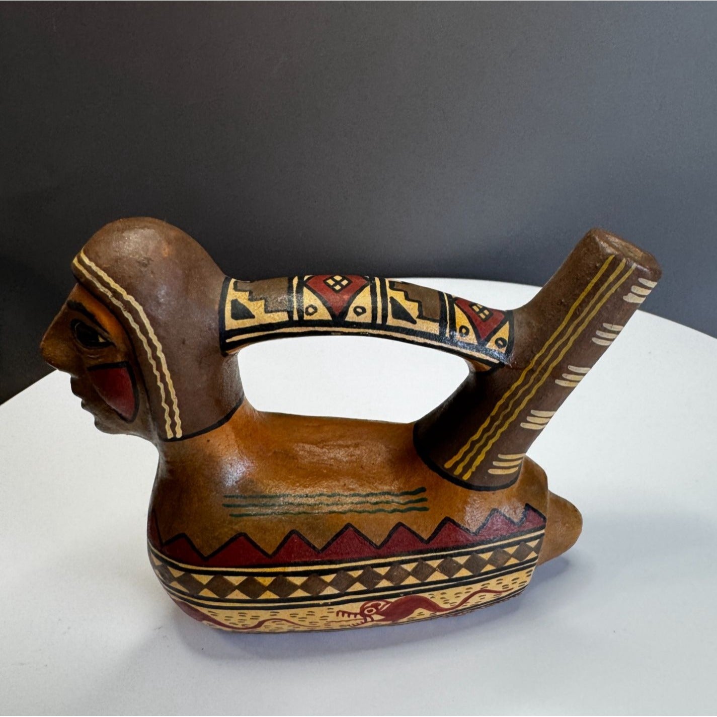 Pre-Columbian Style Pottery Stirrup Spout Vessel Brown Hand Painted 5 Inch