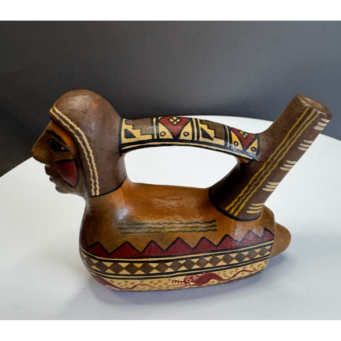 Pre-Columbian Style Pottery Stirrup Spout Vessel Brown Hand Painted 5 Inch