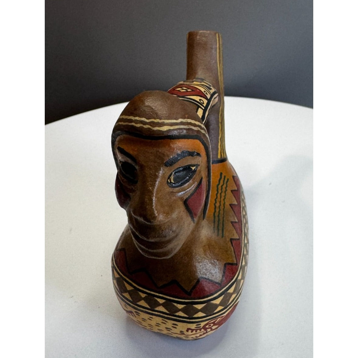 Pre-Columbian Style Pottery Stirrup Spout Vessel Brown Hand Painted 5 Inch