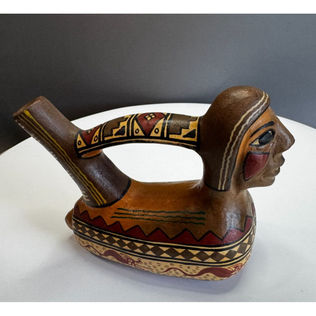 Pre-Columbian Style Pottery Stirrup Spout Vessel Brown Hand Painted 5 Inch