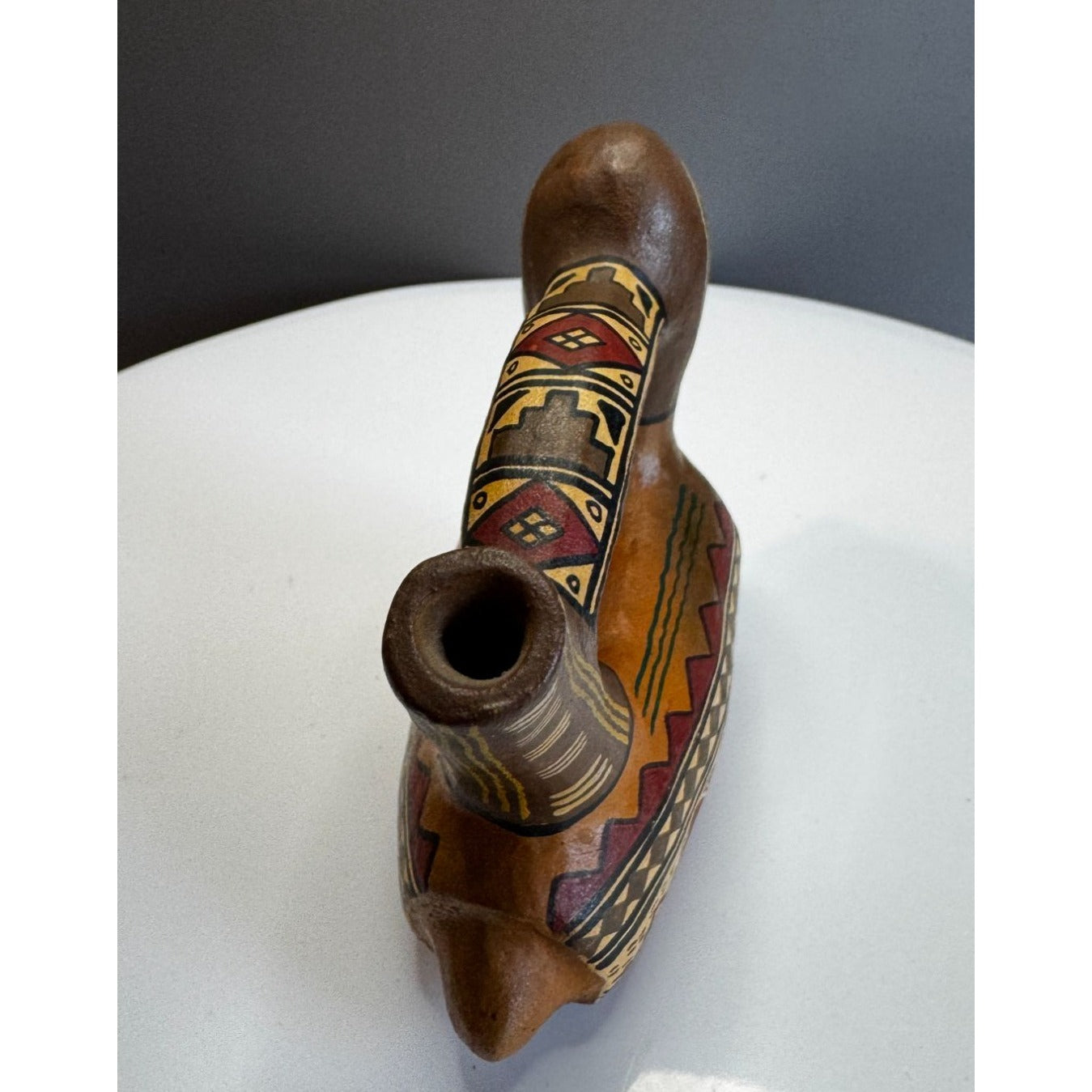 Pre-Columbian Style Pottery Stirrup Spout Vessel Brown Hand Painted 5 Inch