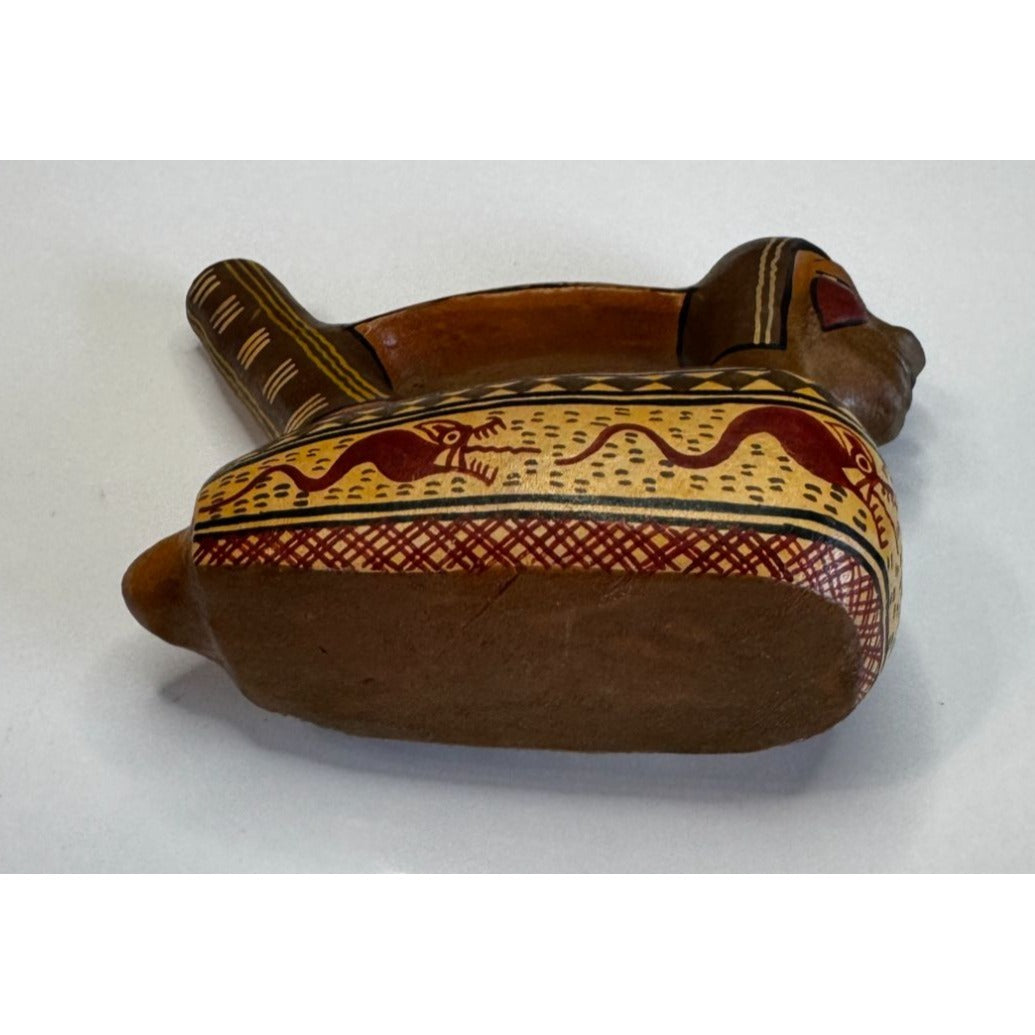 Pre-Columbian Style Pottery Stirrup Spout Vessel Brown Hand Painted 5 Inch