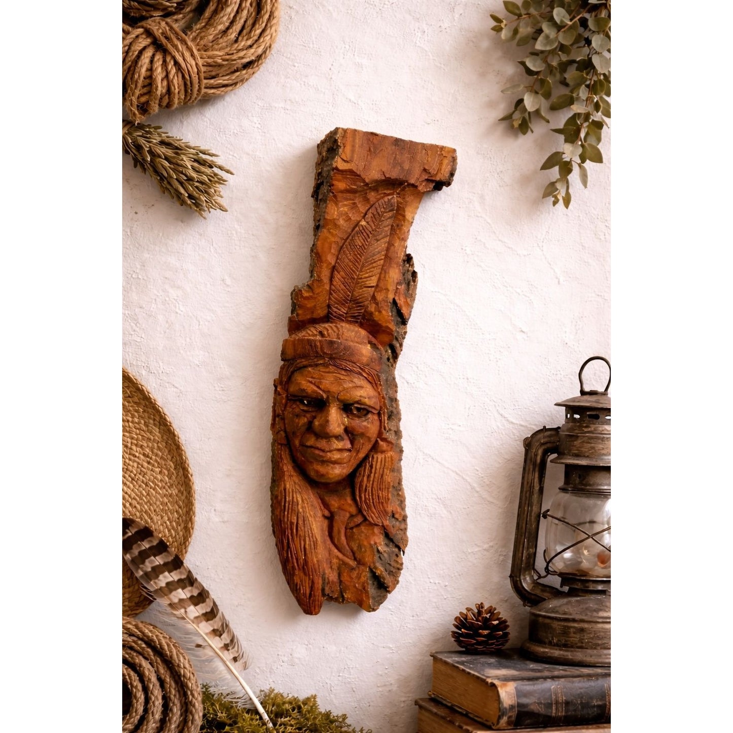 Hand Carved Wood Wall Plaque Figural Face Tribal Folk Art Bark Edge Signed 14"
